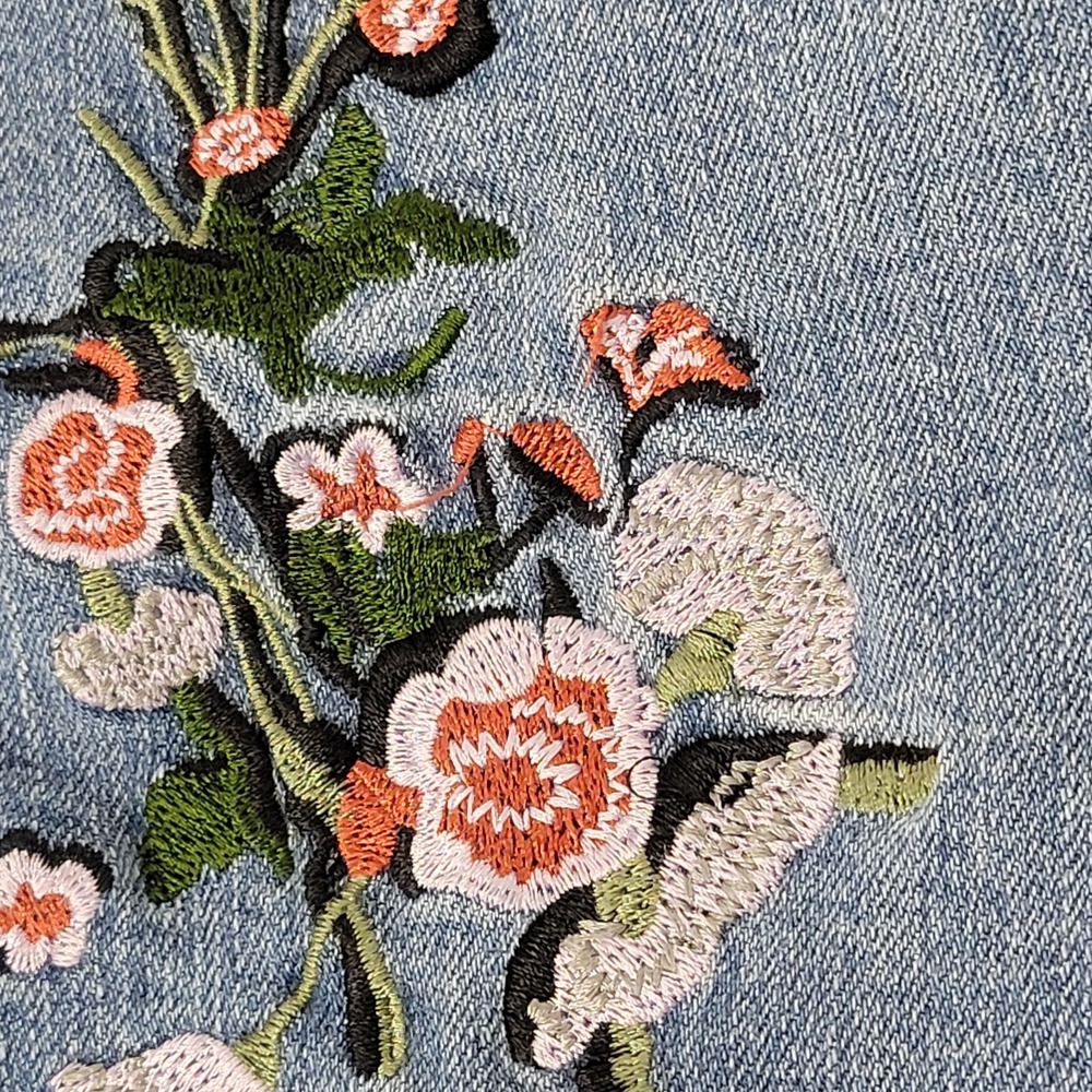 For the Republic Floral Embroidered Denim Mini Skirt Size 8 Boho Y2K Raw Hem - Picture 5 of 11